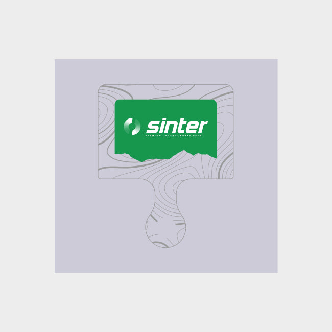 Sinter logo with brake pad illustration on grey background