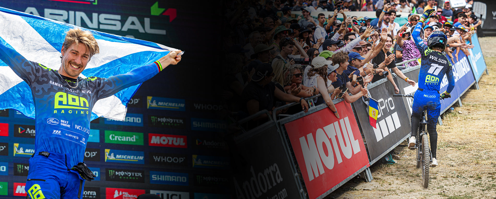 Reece Wilson of AON Racing celebrates with the Scottish flag in front of the World Cup crowd at Pal Arinsal