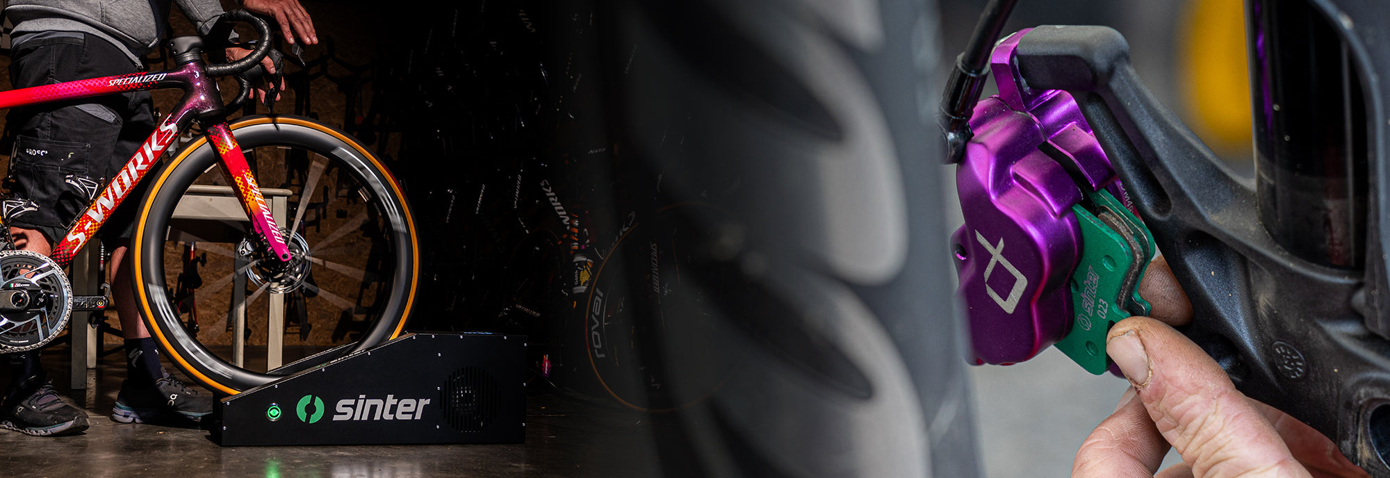 Sinter Teams Banner - S-Works bike on Sinter trainer and purple brake caliper