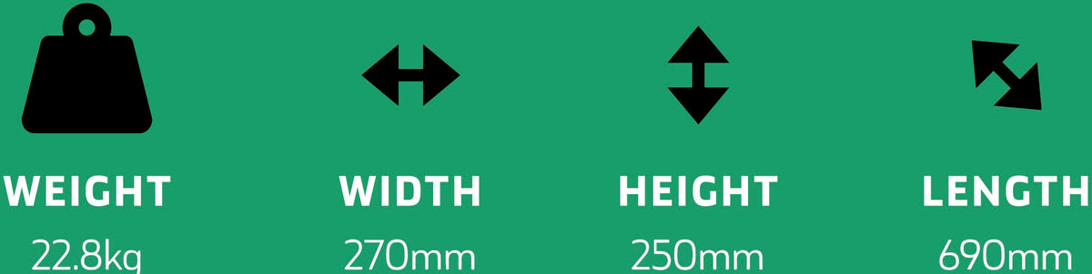 Mere Pametnega stroja za utekanje: teža 22,8 kg, širina 270 mm, višina 250 mm, dolžina 690 mm